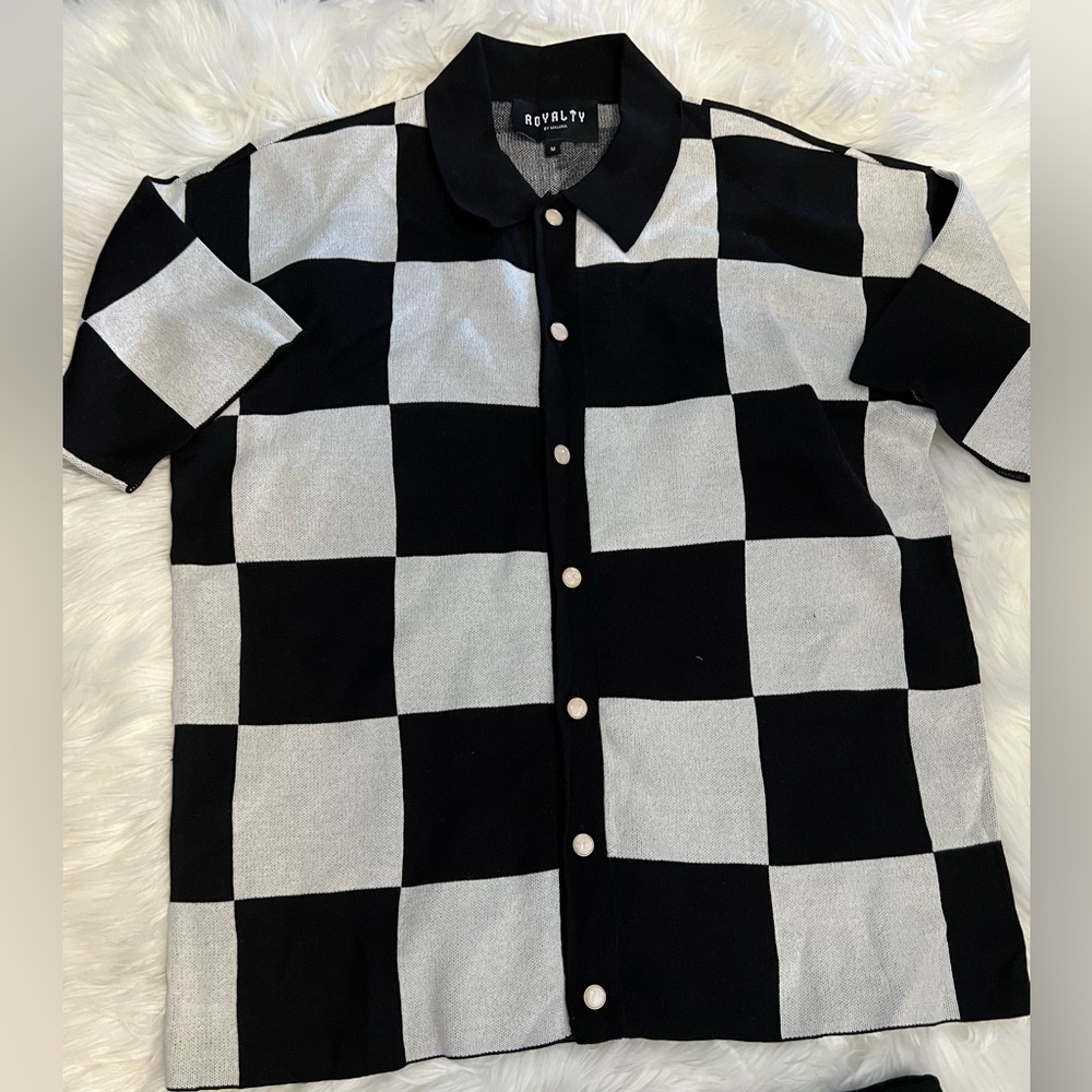 Royalty By Maluma Black and White Button Down Shirt and Short Set